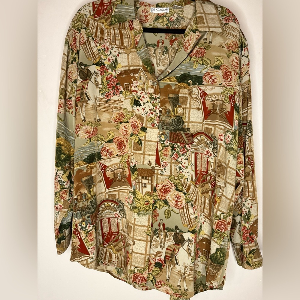 Vintage Le Caviar  Floral & Equestrian Horse Long-Sleeve Shirt Cottagecore XL